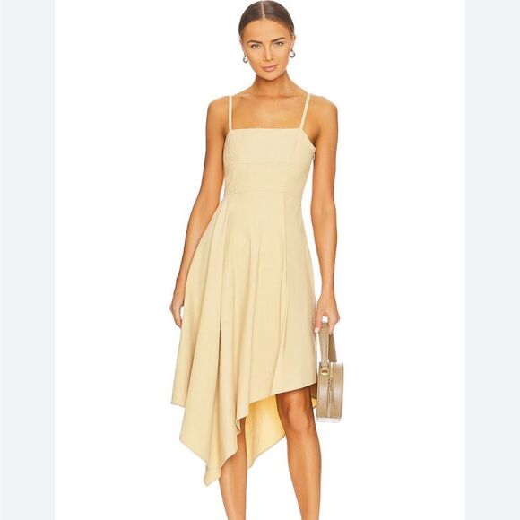 A.L.C. Women's Beige Linen Verona Asymmetric-Hem Midi Dress Size 0 $550 - Picture 2 of 5